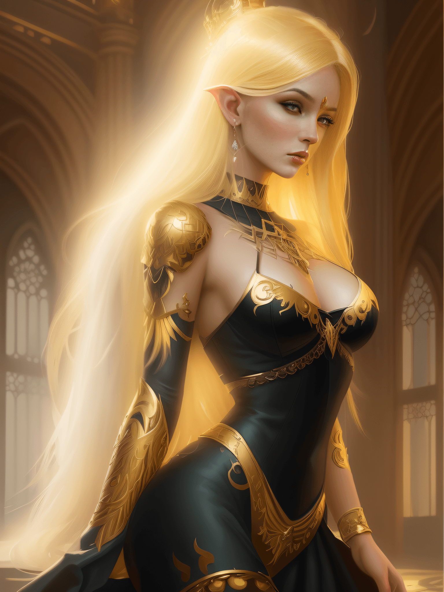 AI generated: blond woman in a black and gold outfit posing in a castle, detailed fantasy art, fantasy woman, epic...