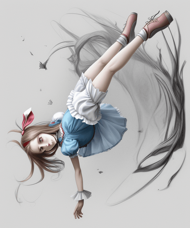 AI generated: realistic drawing 
alice from alice in wonderland falling from the sky horizontally 
body facing upw...