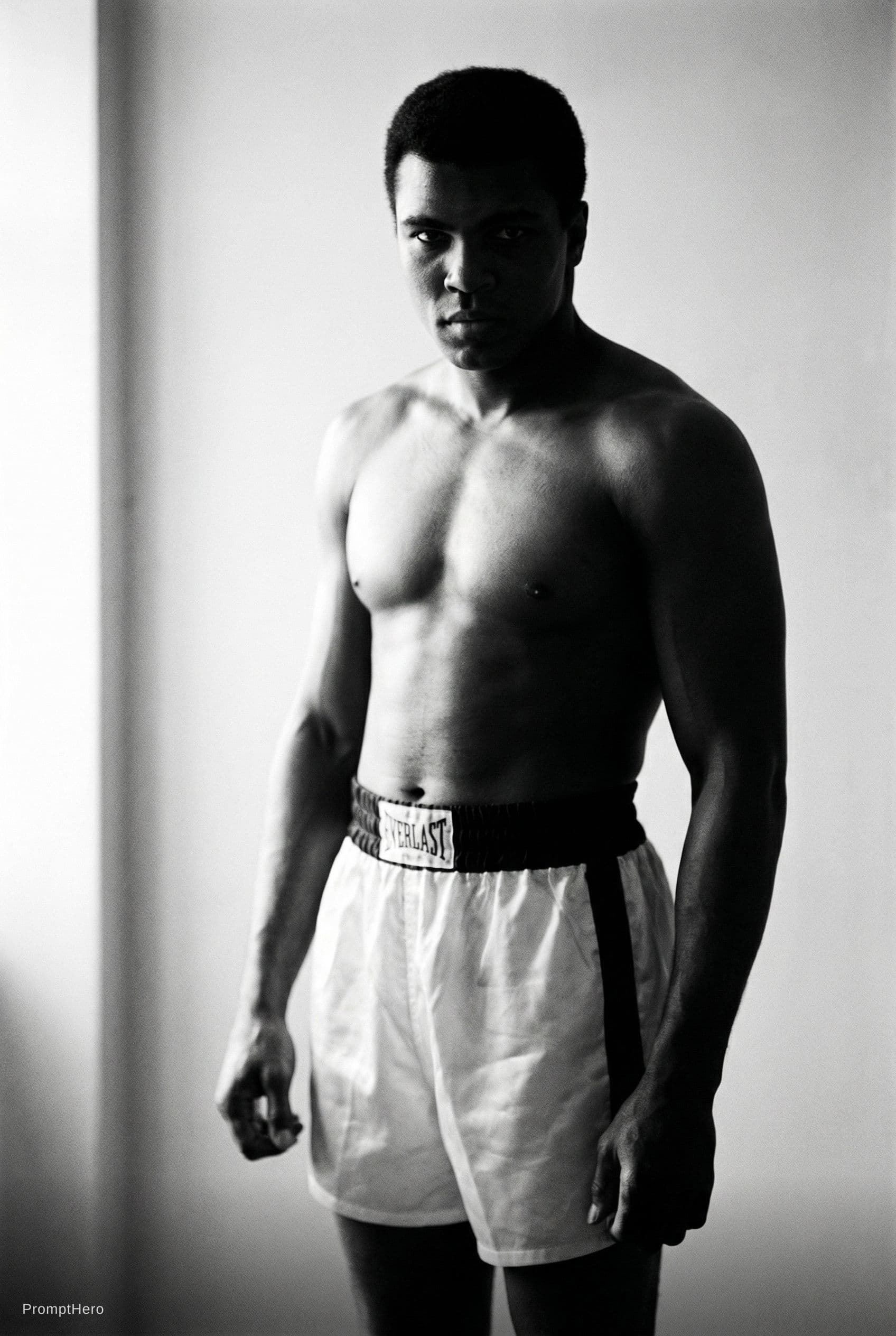 AI generated: Ultra-realistic fullbody portrait black and white cinematic portrait of Muhammad Ali standing, drama...