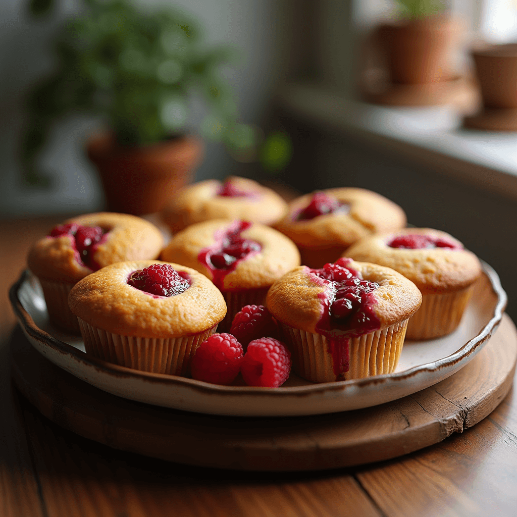 AI generated: A rustic ceramic plate filled with freshly baked raspberry muffins, golden-brown tops with juicy red...