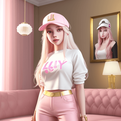 AI generated: Image AI art. Beautiful girl in pink pants with details and upper body of the same tone with a cap i...