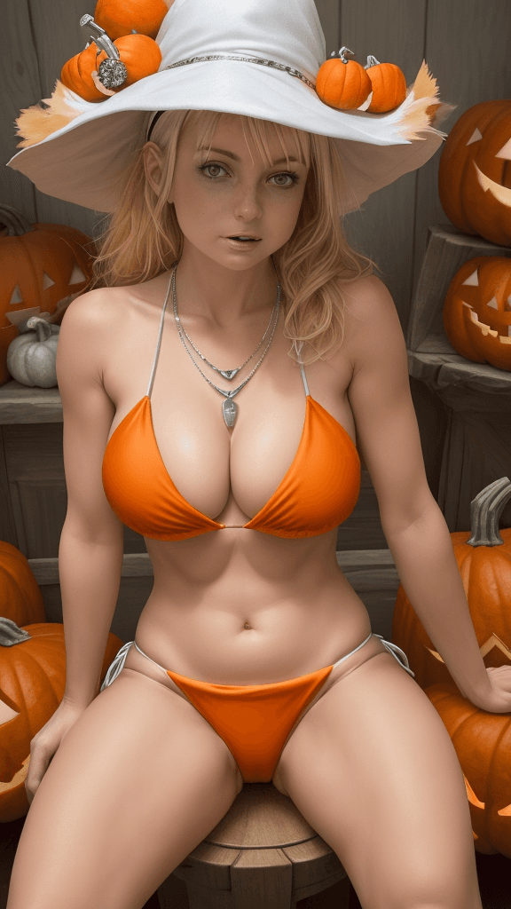 AI generated: a woman dressed in a Halloween costume, adorned with an orange hat, is seated on a white platform su...