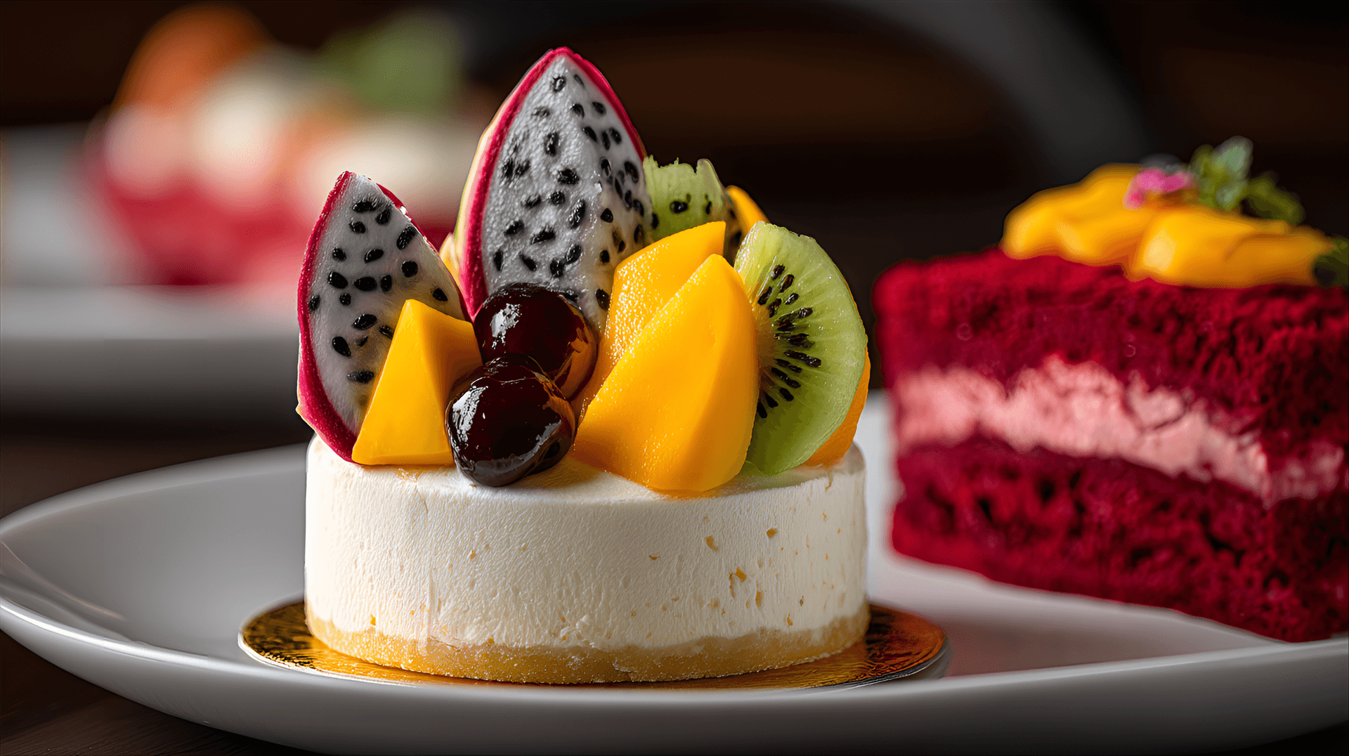 AI generated: small, decorative cheesecake dessert, adorned with fresh fruit.  Close-up,  showing a round, pale ye...