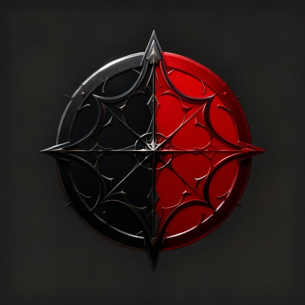 AI generated: Break this circle, split along its axis, color it in black-crimson.