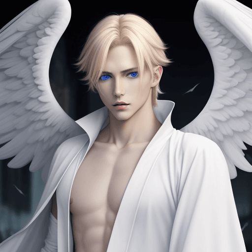 AI generated: male, angel, black wings, blond hair, dusk, high detail, avenging angel, blue eyes, white robe, pale...