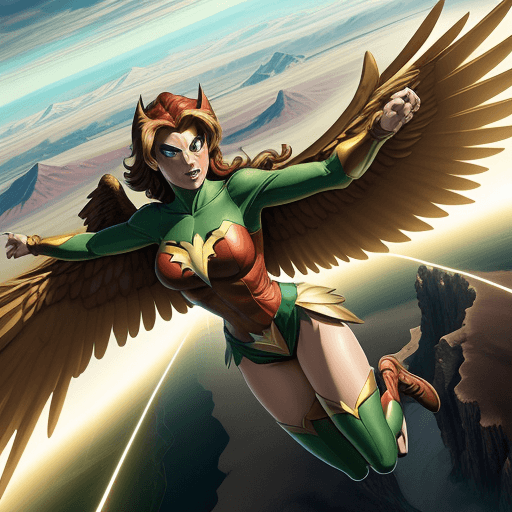 AI generated: Justice Society HawkGirl soaring majestically in flight in the skies over death valley through the c...