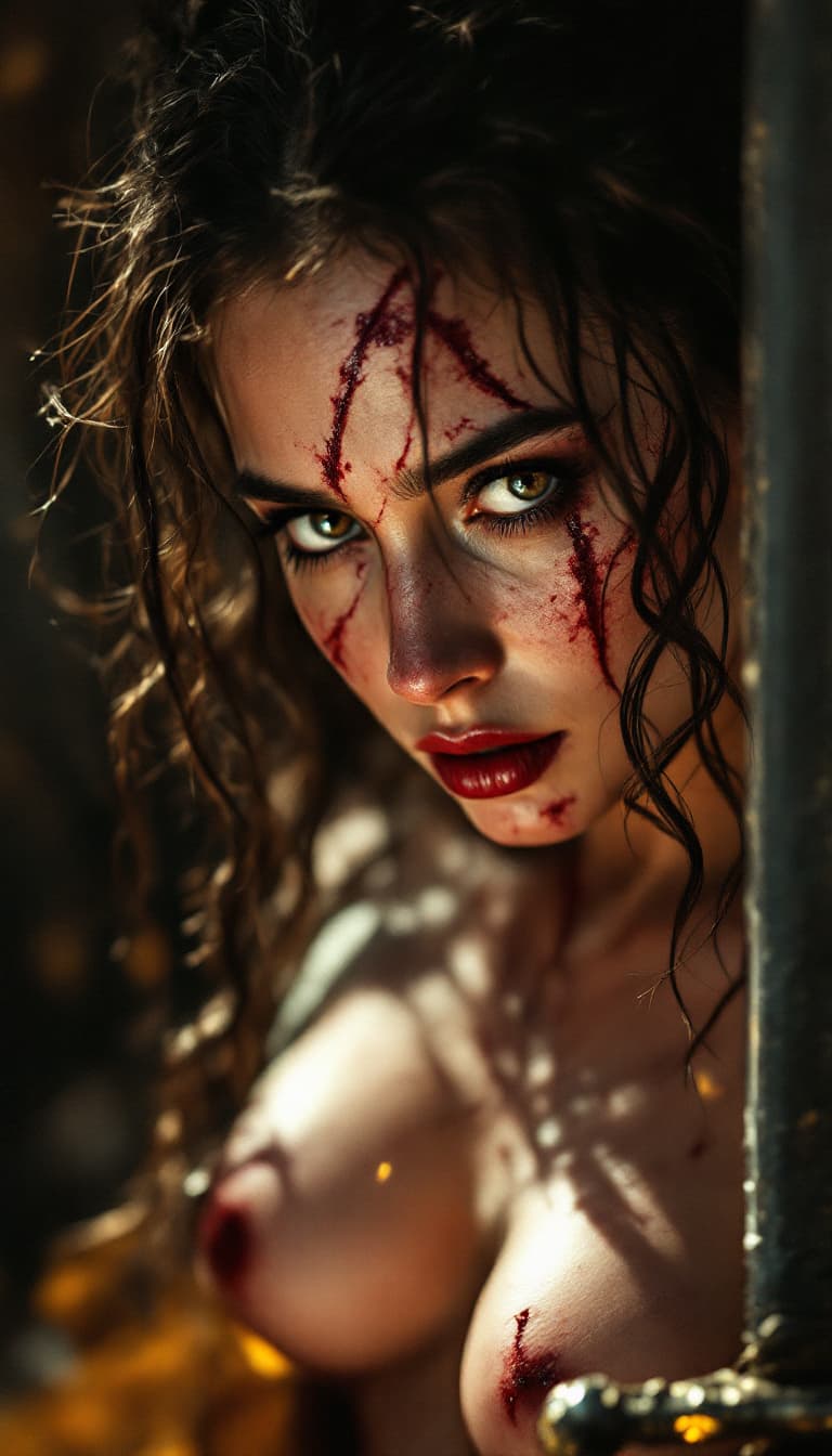 AI generated: high-resolution photograph, woman, ugly scar in the face, exposed body,  dramatic scene of old war, ...