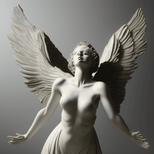 AI generated: full figure sculpture, female angel, a multicultural visage, wings spread and hands reaching upwards...