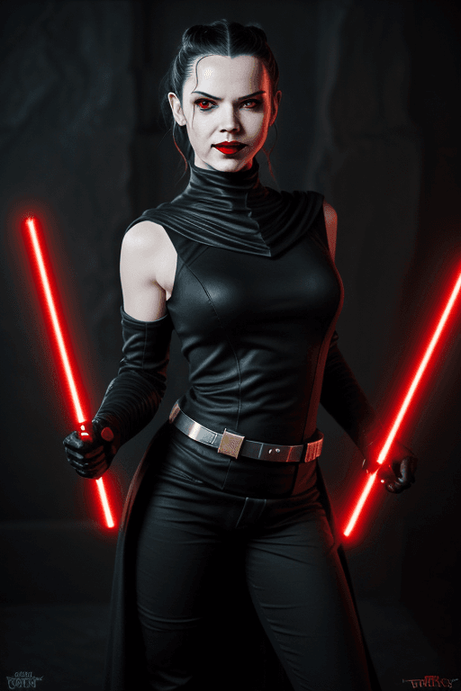 AI generated: rey skywalker as sith lady in black sith uniform, dark red lips, yellow eyes, evil smile
