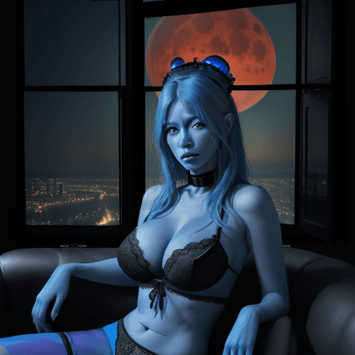 AI generated: Photo of a ultra realistic blue alien queen with his 5 beautiful large breasted slave women in black...