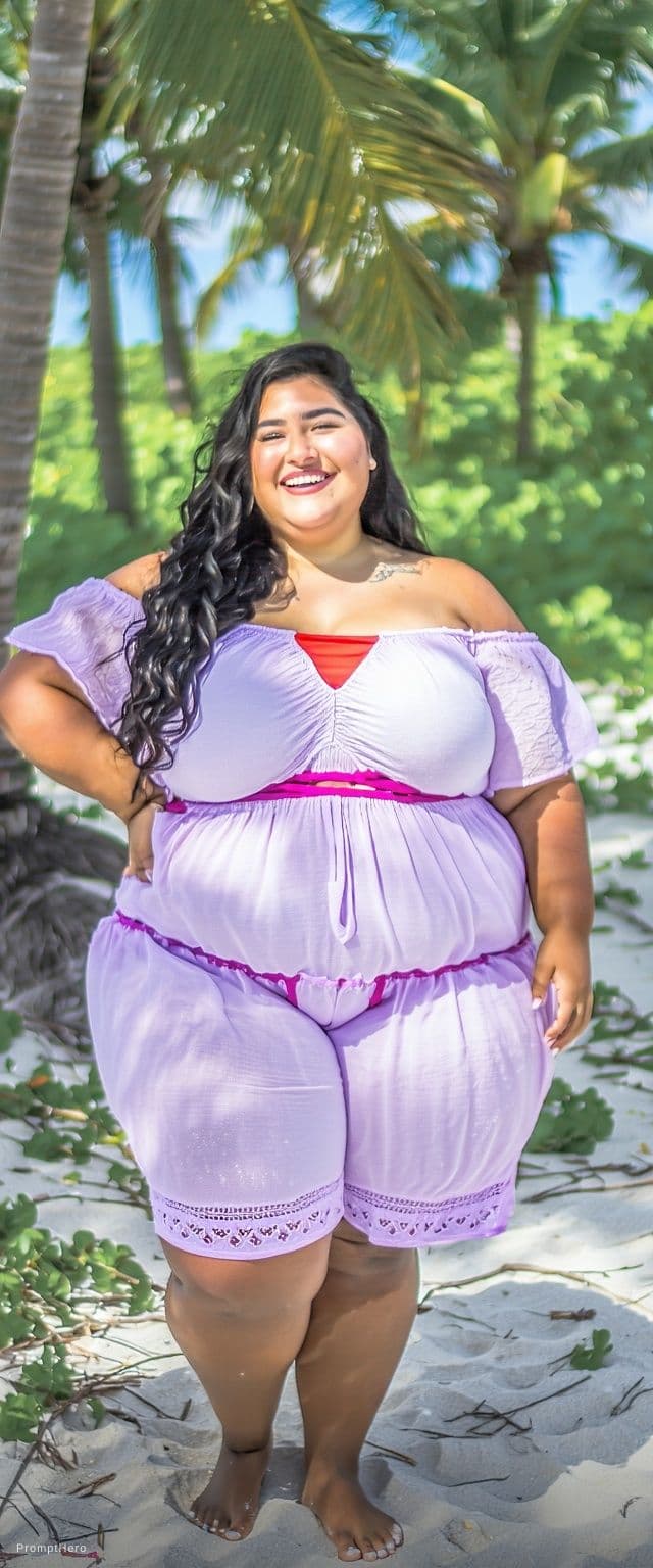 AI generated: A young plus size female model with long, wavy black hair, smiling brightly on a tropical beach. She...