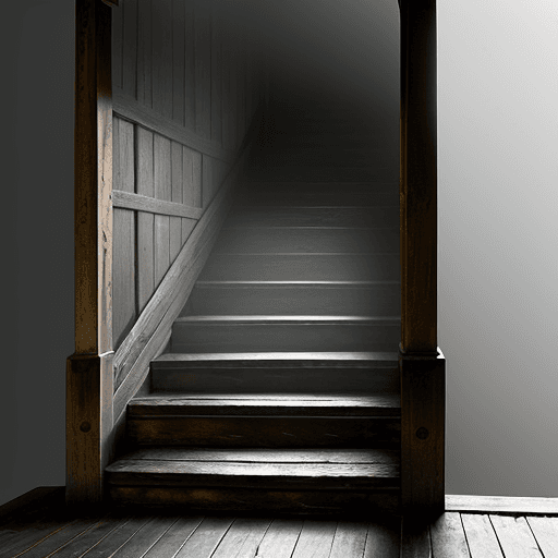 AI generated: A grand wooden steps in an old house covered in mist. Grey background
