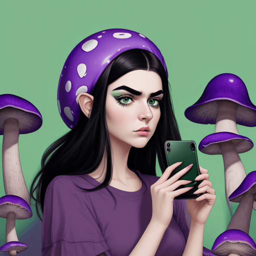 AI generated: Artistic illustration of a girl with black hair and green eyebrows holding an iPhone 11 and being up...
