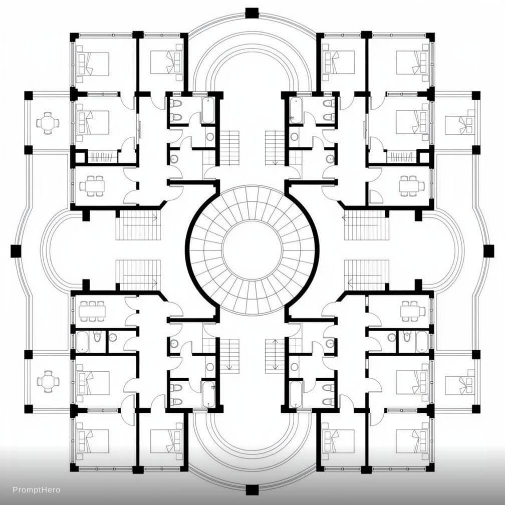 AI generated: architectural floor plan of apartment building, symmetrical layout