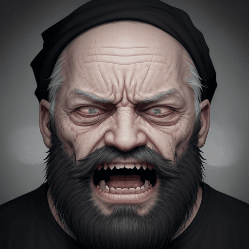 AI generated: an old man screams in pain, his face is almost reduced. He is wearing a black shirt and has a long b...
