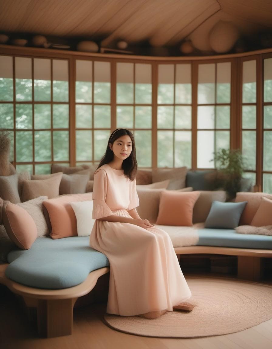 AI generated: High resolution photography of a woman in a flowy dress in a dreamy sunken living room conversation ...