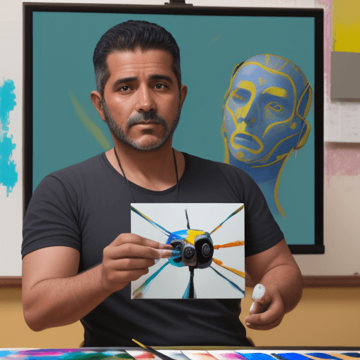 AI generated: A 45-year-old colombian male teacher is giving a lesson on AI painting in a modern style