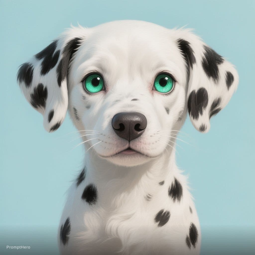 AI generated: illustration, dollish dalmatian dog face, emerald light cyan eye, simplify, expressive eyes and a pl...