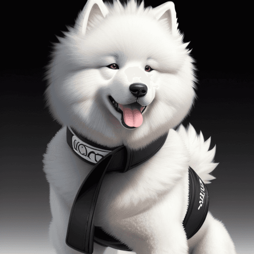 AI generated: samoyed dog wearing a white kinomo and a black belt around its waist black background for my phone l...