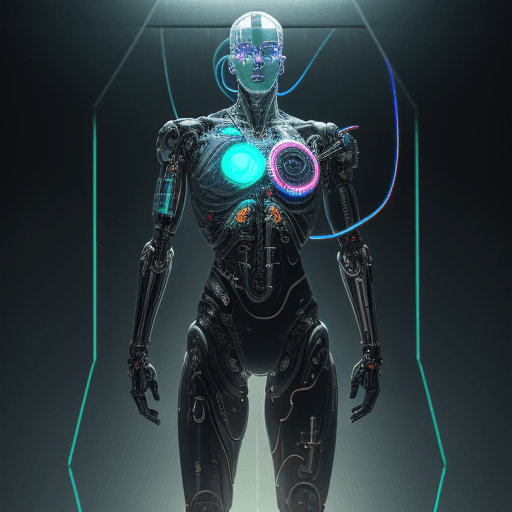 AI generated: full body, cyborg male, made of mechanical and human skin parts, mechanical body, neon lights, wires...