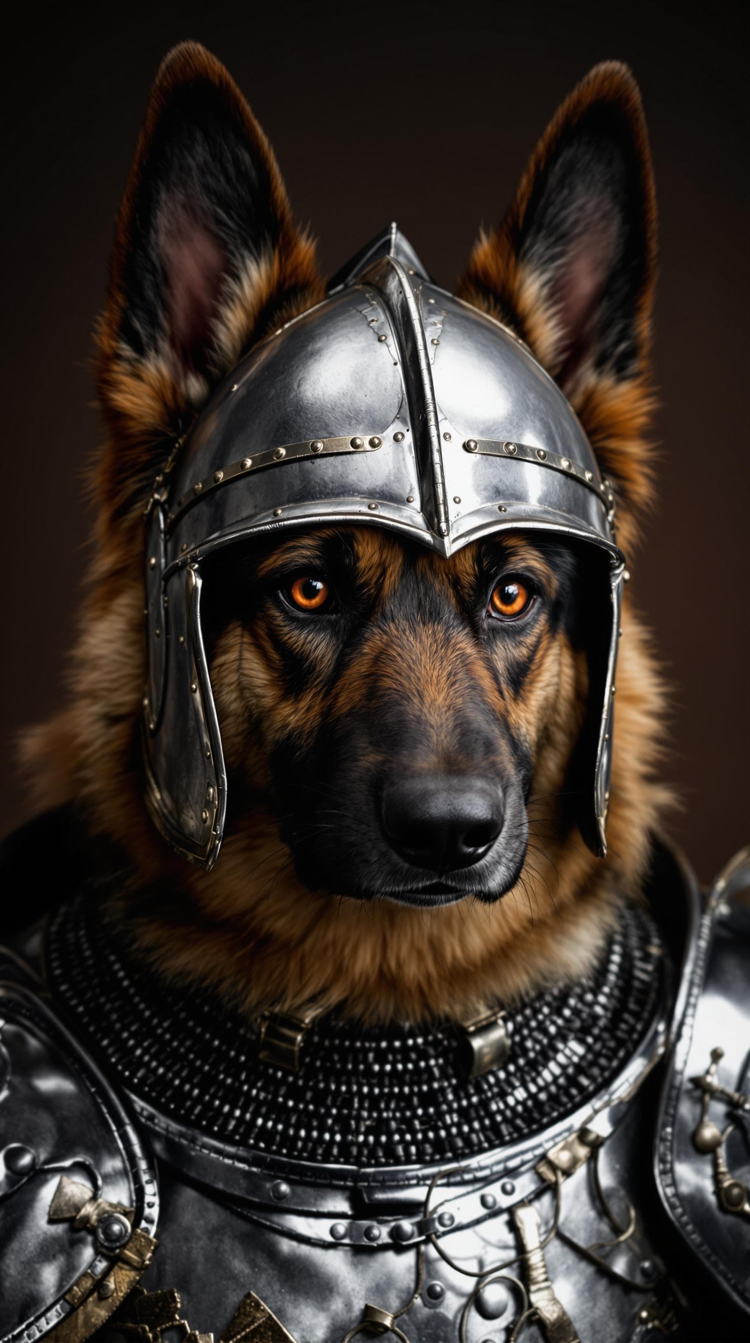 AI generated: German Shepard dog knight wearing helmet, portrait, finely detailed Armor, intricate design, silver,...