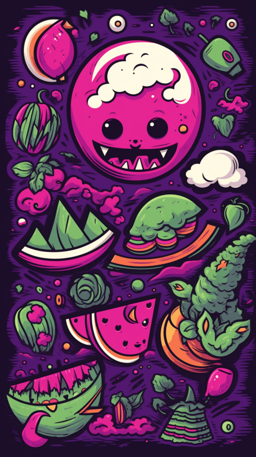 AI generated: A retro illustration, anime cute watermelon eating and dancing, beach-air, inspired by Dave Perillo,...
