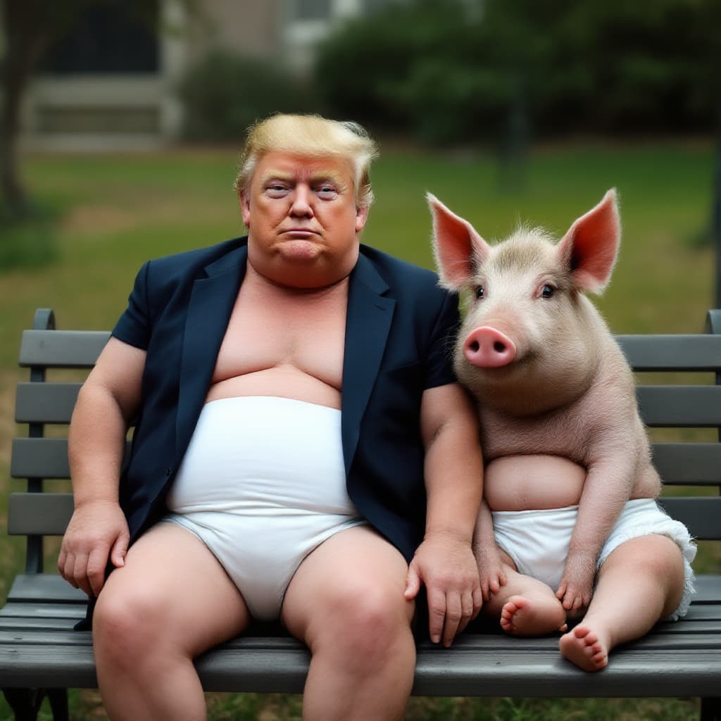 AI generated: Donald Trump wearing diapers sitting next to a fat sow with lipstick, sitting on a bench, wearing a ...