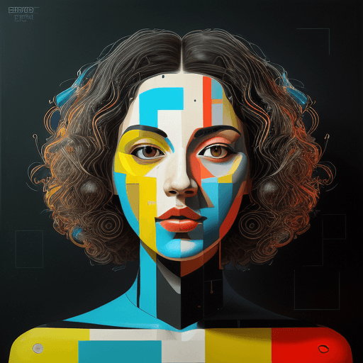 AI generated: female face with curly thick hair, geometric abstract portrait, bright vibrant colorful, gritty, cyb...