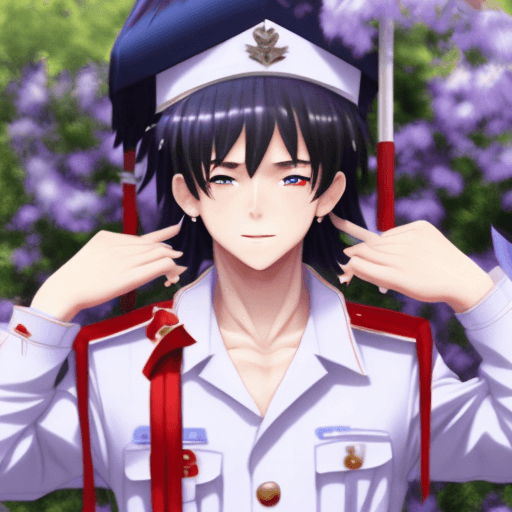 AI generated: Beautiful highschool boy in uniform turns around with a smile with tears, long hair in buns, anime, ...