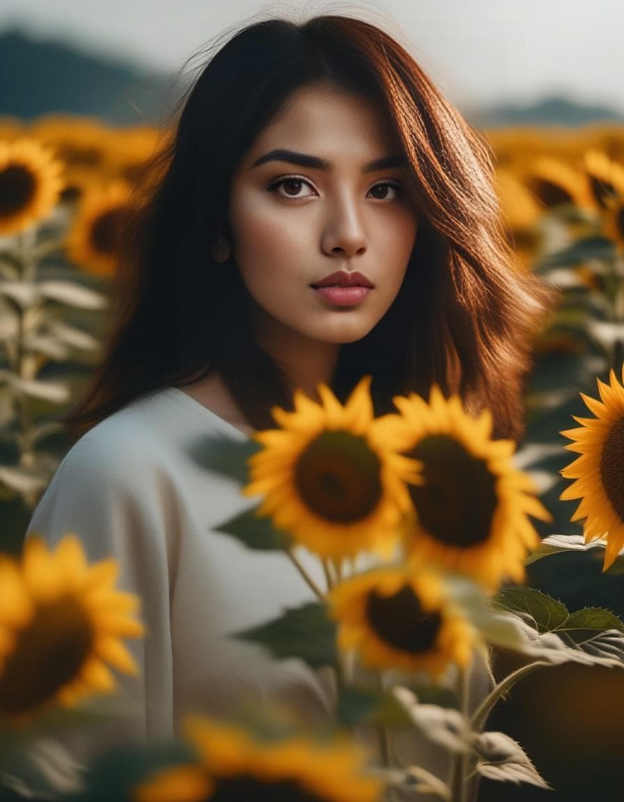 AI generated: a sunflower, very messy, one stem, one flower, levitating, lots of pollen, editorial photograpg, wid...