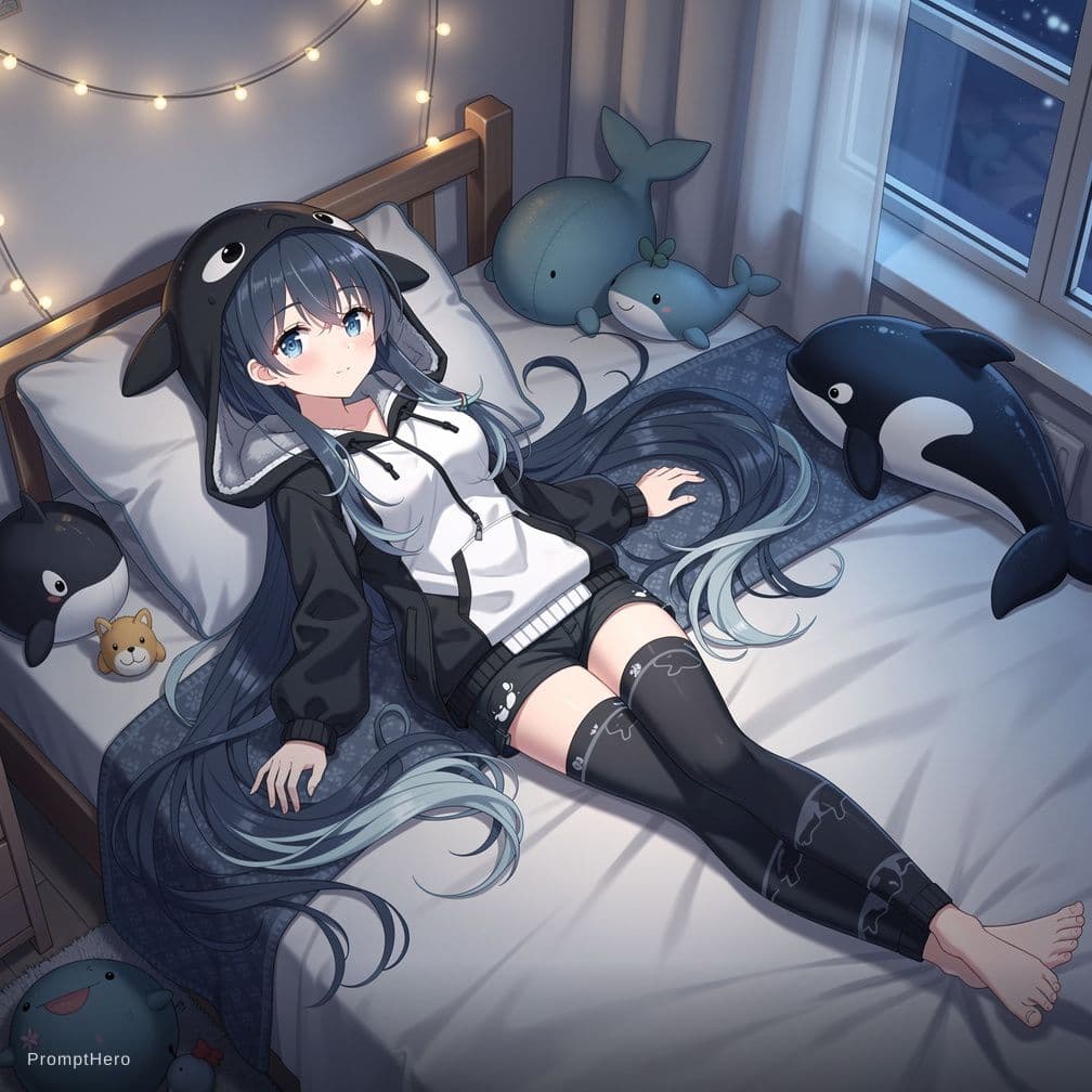 AI generated: shylily, orca vtuber, full body shot, laying on the bed, 