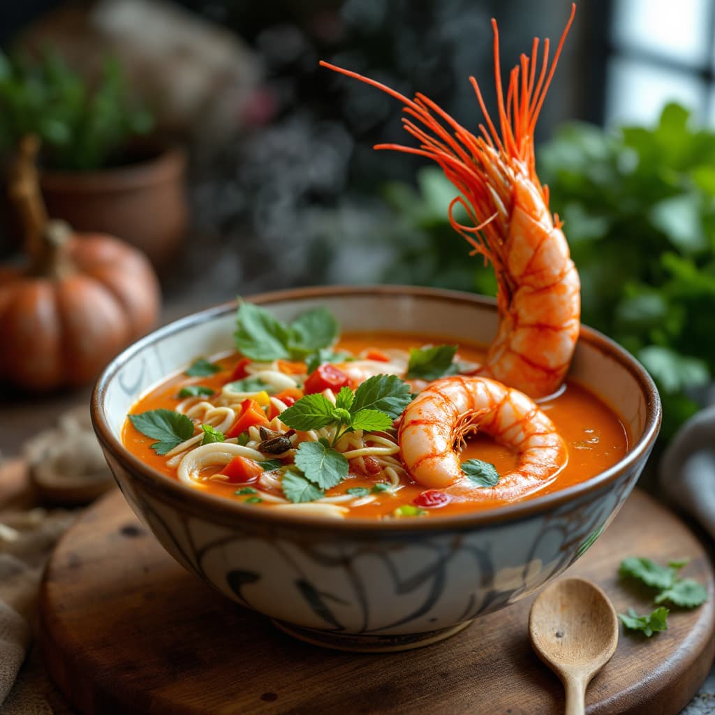 AI generated: yummy Tom yum soup,  with big prawn food photograph, food styling, long shot, lens 85 mm, f 11, stud...