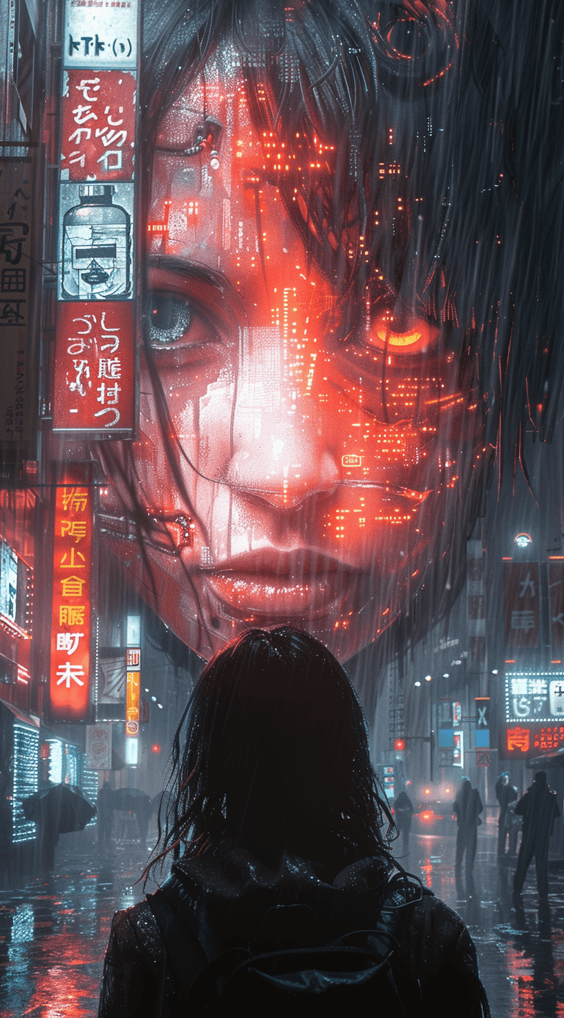 AI generated: neon cityscape with giant robot head in the style of ghost in the shell, Hajime Sorayama, anime aest...