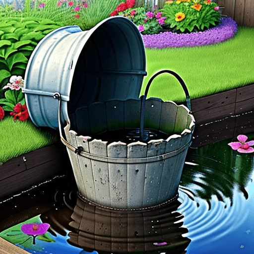 AI generated: A garden bucket with a hole at the bottom and a puddle of water



