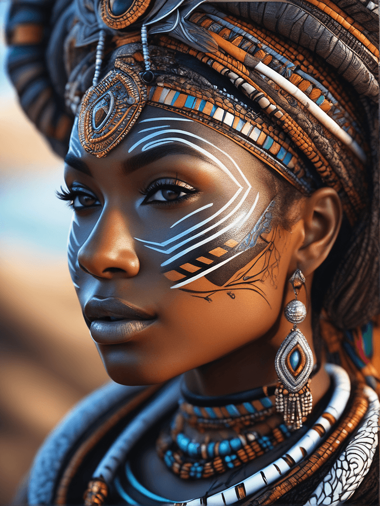 AI generated: intricate closeup shot, masterpiece artwork, black skin-tight body, tribal, suit, white accent, deta...