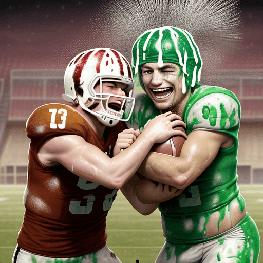 AI generated: two laughing rugged, sweaty, caucasian american football players in pads and jerseys, throwing custa...