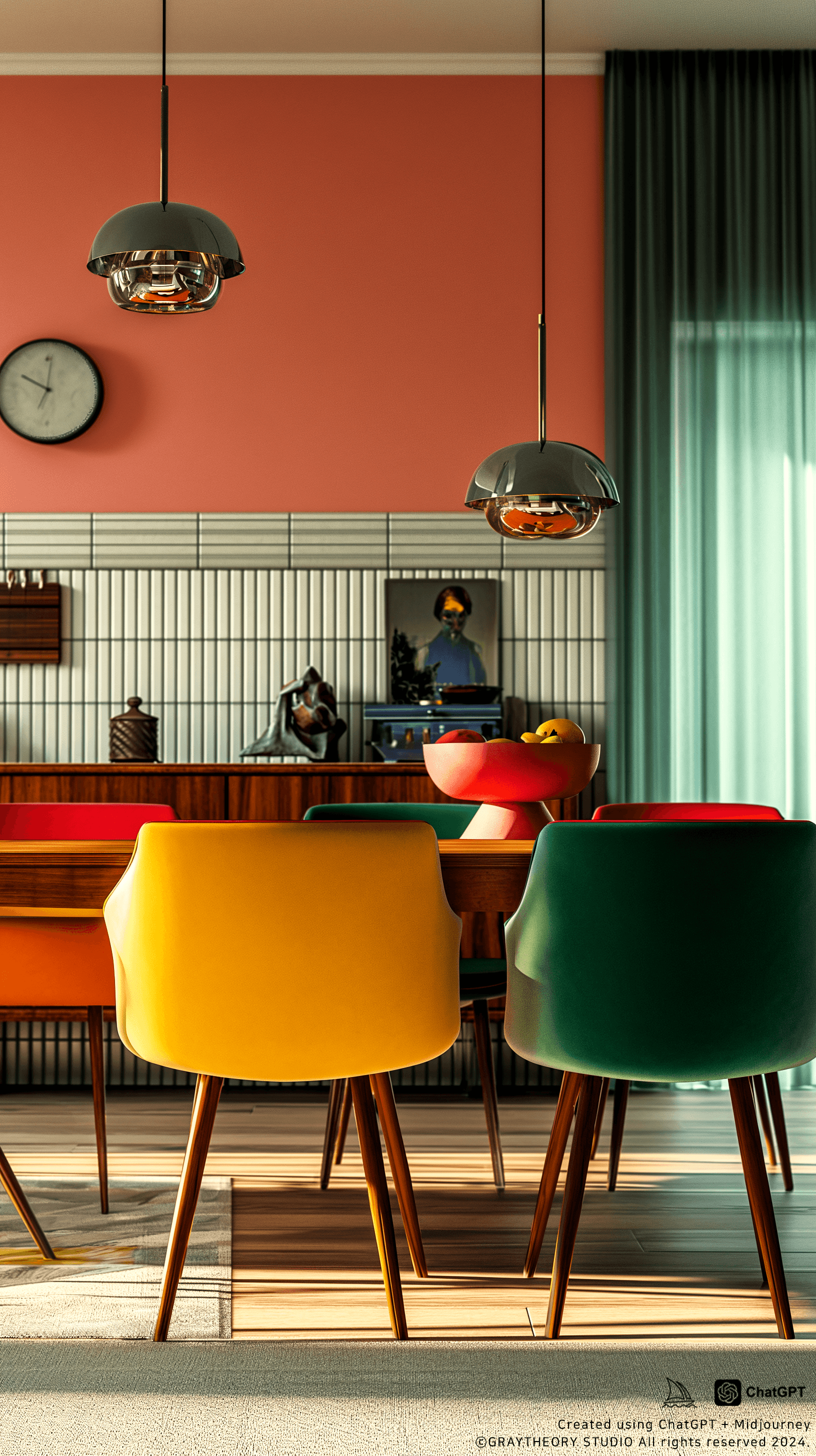 AI generated: cinematic, a vibrant Mid-century modern dining area, colorful chairs and a retro sideboard, a straig...