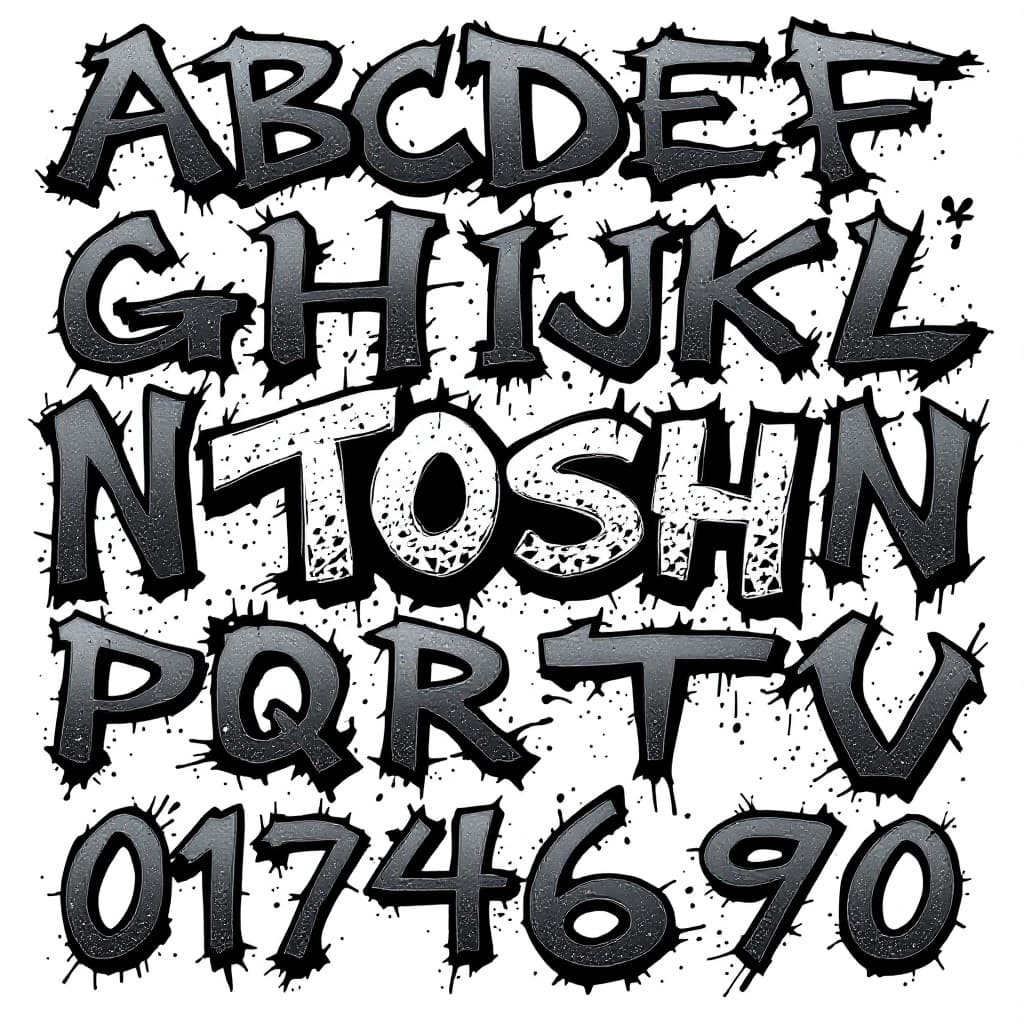 AI generated: a graffiti but cool alphabet, isolated on white background. show each letter from A - Z and numbers ...