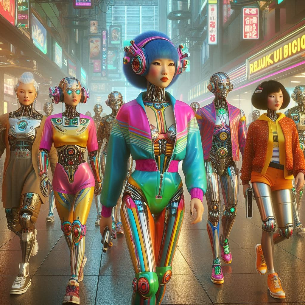 AI generated: Fantastic Retroscifi street scene, hybrid robot people in colorful futuristic outfits walk through a...