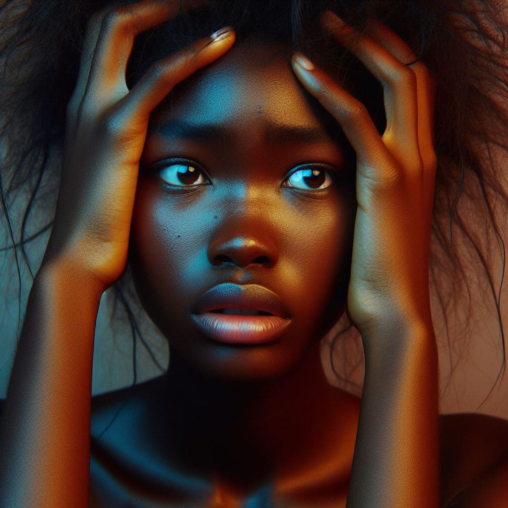 AI generated: Close-up photo of a worried girl, with messy hair, hands on forehead, looking far, vibrant colors, d...