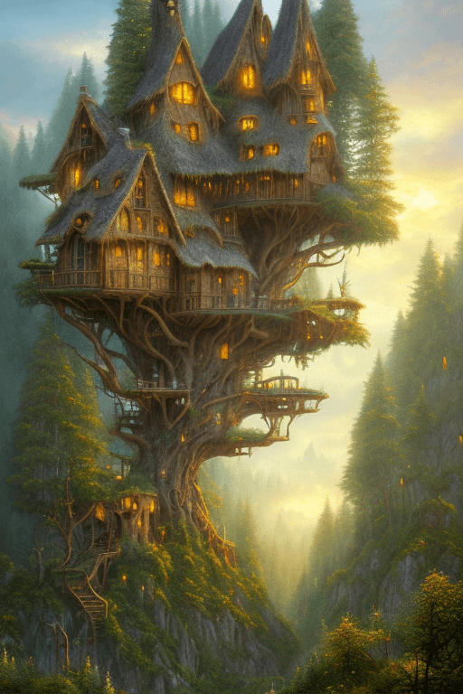 AI generated: valley, fairytale treehouse village covered,, matte painting, highly detailed, dynamic lighting, cin...