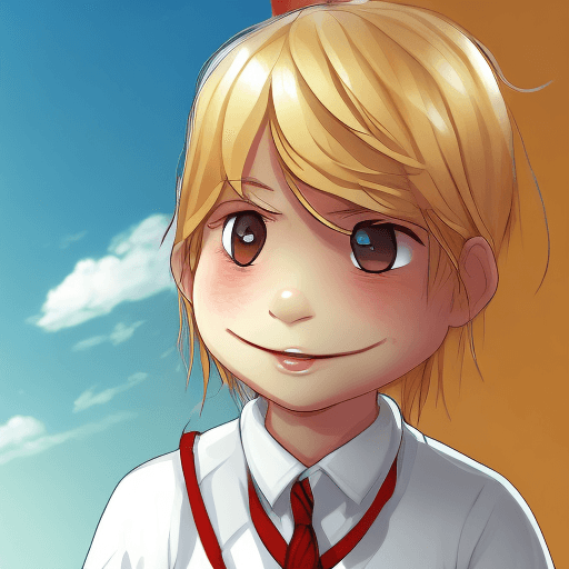 AI generated: Golden blonde hair, Braided, a boy, smiling, bright smile, School uniform, Red eyes, simple artstyle...