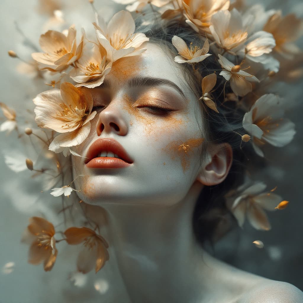 AI generated: woman made of copper+ flowers, mysticism, + coherent, haze, fog, finest drawing, macro, clear contou...