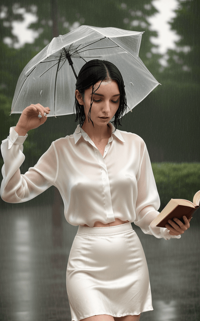 AI generated: a flat skinny woman wearing a wet white silk blouse and wet silk skirt under the rain in a park, she...