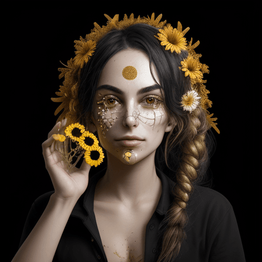AI generated: biohacker pills with flowers and golden glow on face on black background
