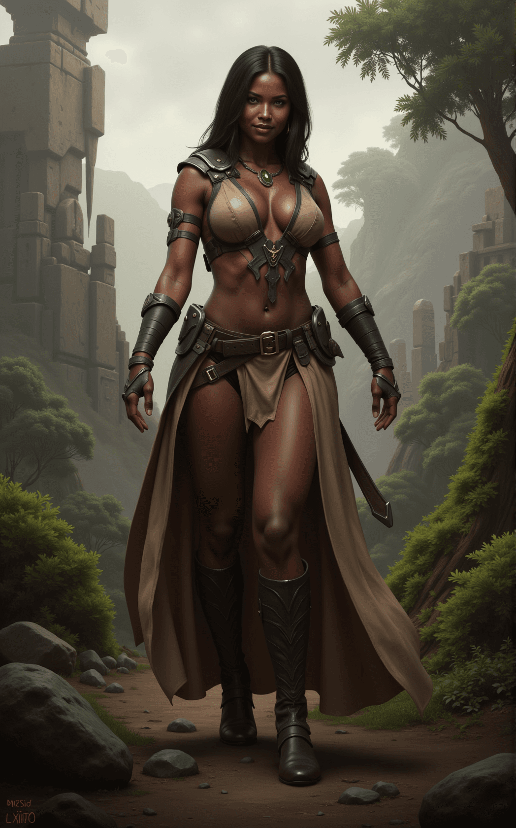 AI generated: A full body, high detail fantasy portrait oil painting illustration of a single beautiful, smiling b...