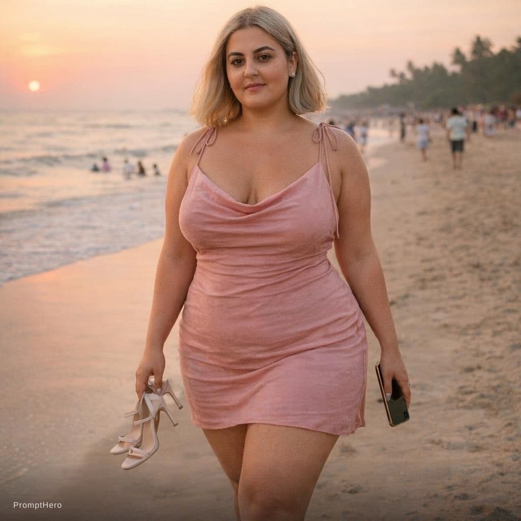AI generated: Slavic Hot 33 year old Hot mom she Has tall Thick thighs posing while walking in a Beach during suns...