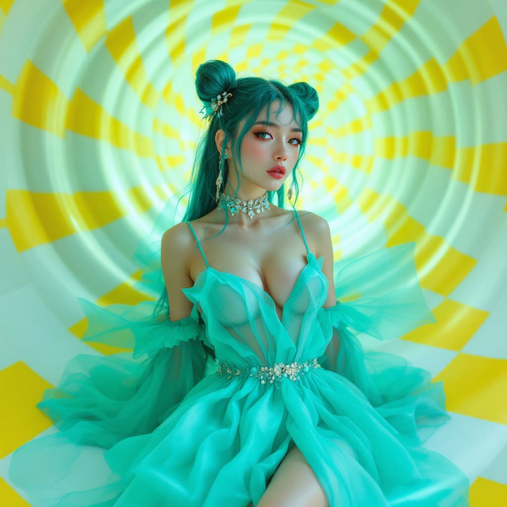 AI generated: anime style,yellow and white spiral checkered background,(best quality, 4k, 8k, highres, masterpiece...