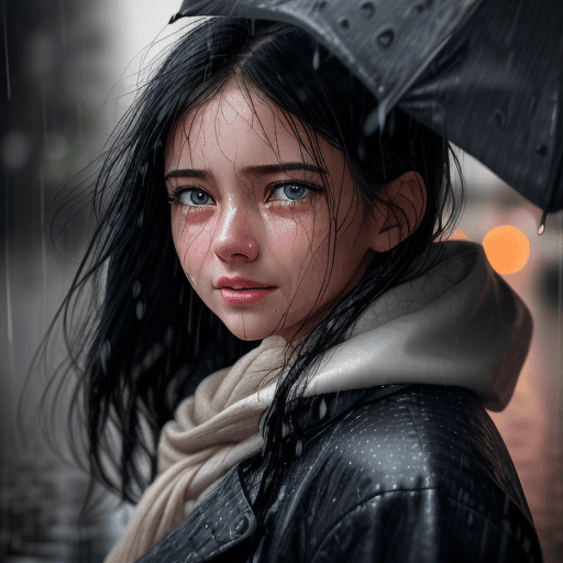 AI generated: (photorealistic close-up portrait of a beautiful girl crying, standing in the rain on a street with ...