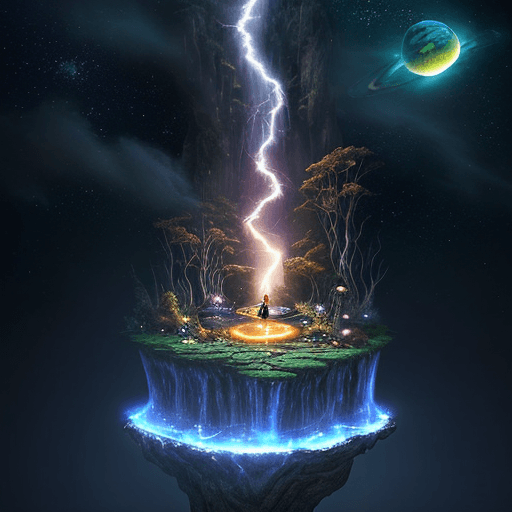 AI generated: focused dream light.
on the distance, planets with lightning, waterfall and flames.
a male drummer p...